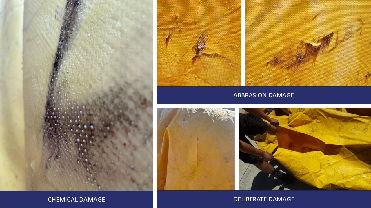 Composite image showing abrasion, puncture, deliberate cuts and chemical damage to an industrial inflatable.