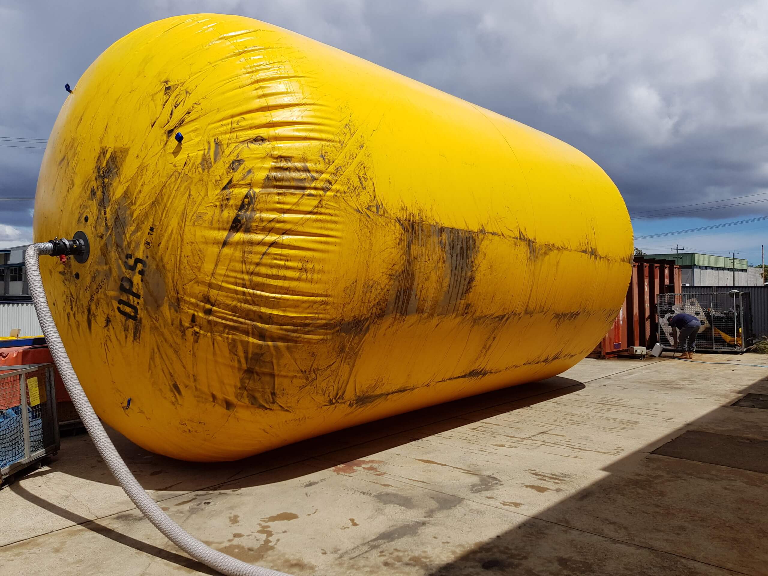 Mining inflatable showing surface wear before repair and refurbishment.