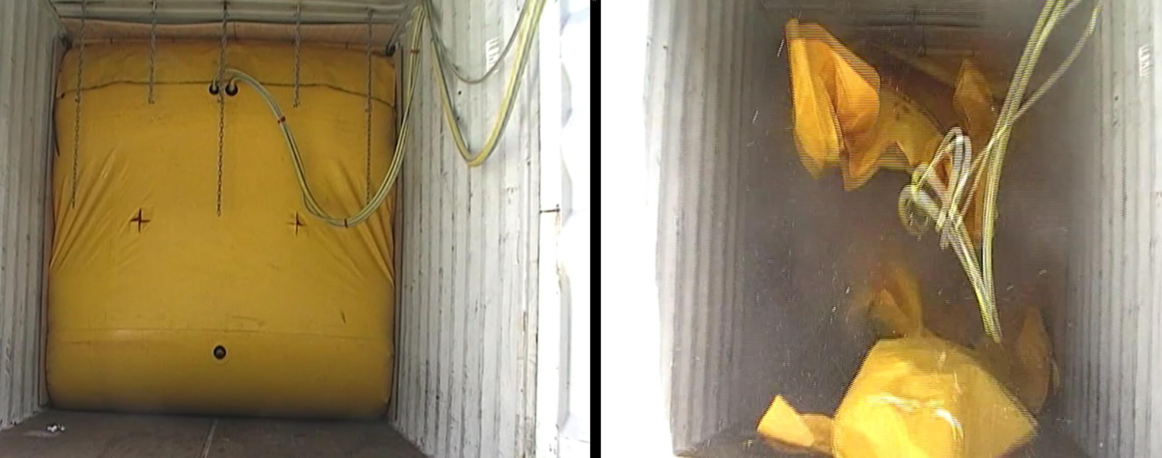 Industrial inflatable prototype undergoing destructive pressure testing before and after failure during product development.