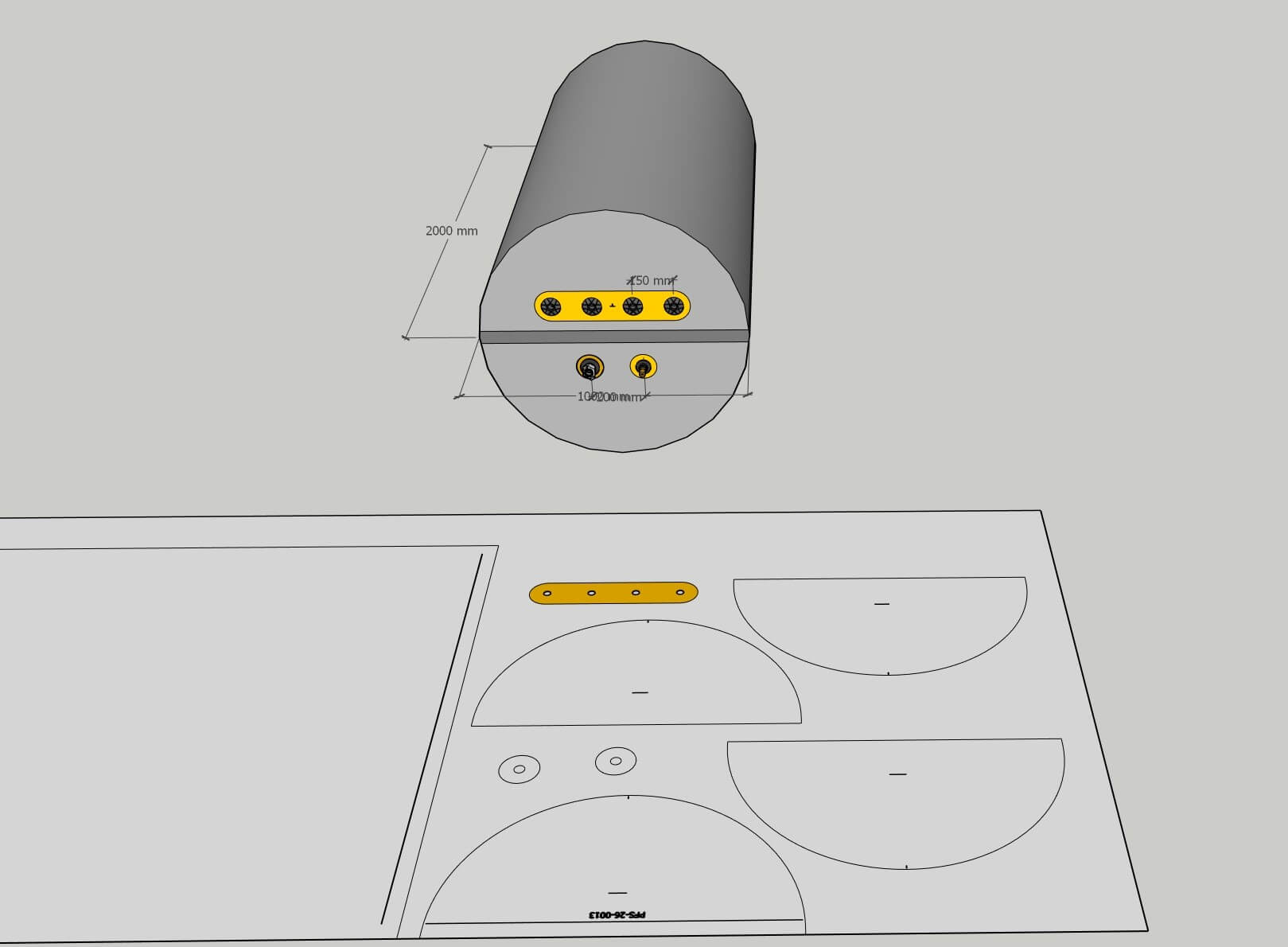 3D CAD model and flat pattern of an industrial inflatable isolation plug prior to manufacture.