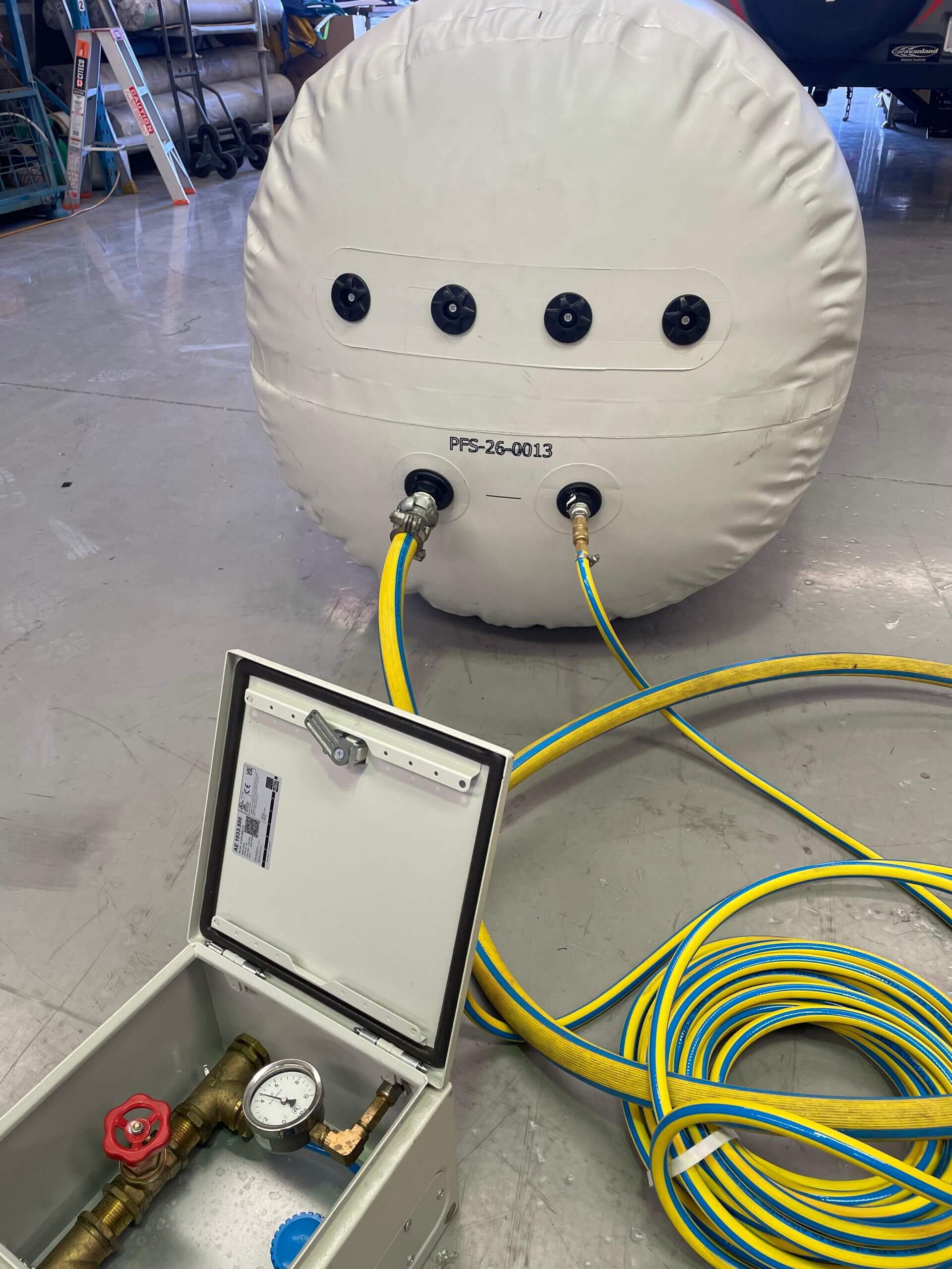 Industrial inflatable system undergoing pressure testing in the PolyFusion WA workshop before delivery to site.
